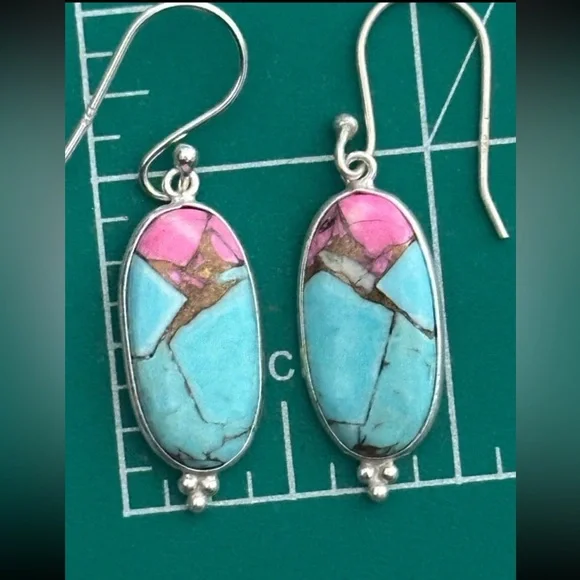Sold ❤️ Turquoise Cotton Candy Dahlia Southwestern Sterling Silver Earrings - Picture 2 of 5